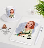 BK Gift Kişiye Özel Bayan Grafik Tasarımcı Karikatürlü Beyaz Defter Kalem Türk Kahvesi Fincanı Seti-1 (Model 1)