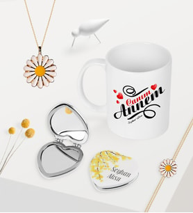 BK Gift Kişiye Özel Canım Annem Kupa Kalp Ayna Papatya Kolye Bileklik Seti - 14 (Model 1)