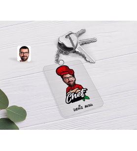 BK Gift Kişiye Özel Erkek Chef Karikatürlü Şeffaf Pleksi Anahtarlık-10 (Beyaz)
