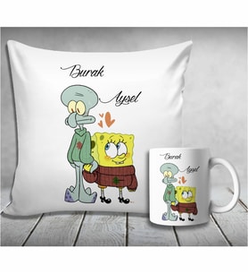 Kişiye Özel Sünger Bob & Squidward Yastık&Kupası