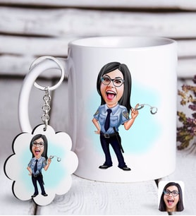 BK Gift Kişiye Özel Bayan Polis Karikatürlü Beyaz Kupa ve Anahtarlık Hediye Seti-1 (Model 1)