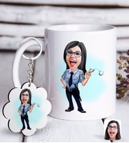 BK Gift Kişiye Özel Bayan Polis Karikatürlü Beyaz Kupa ve Anahtarlık Hediye Seti-1 (Model 1)