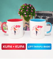 İkili Sevgiliye Sevgililer Günü Hediyesi 2 Kupa Bardak Kırmızı Mavi