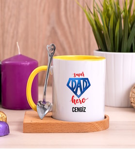 Super Dad Babaya Hediye Ahşap Altlıklı Sarı Kupa Bardak