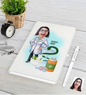 BK Gift Kişiye Özel Bayan Eczacı Karikatürlü Beyaz Defter Kalem Seti-2