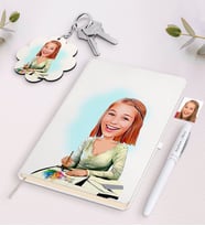 BK Gift Kişiye Özel Kadın Grafik Tasarımcı Karikatürlü Beyaz Defter Kalem ve Anahtarlık Hediye Seti (Model 1)