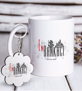BK Gift Kişiye Özel Mesleki En İyi Bankacı Beyaz Kupa ve Anahtarlık Hediye Seti (Model 1)