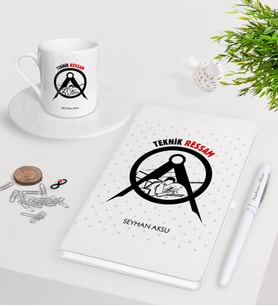 BK Gift Kişiye Özel Teknik Ressam Beyaz Defter Kalem Türk Kahvesi Fincanı Seti-1 (Model 1)