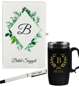 Kişiye Özel Şık Yaprak Tasarımlı Hediye Defter Kalem Ve Siyah Termos Mug Seti