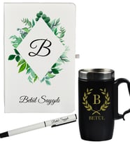Kişiye Özel Şık Yaprak Tasarımlı Hediye Defter Kalem Ve Siyah Termos Mug Seti