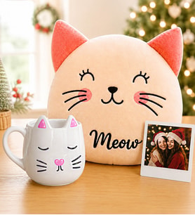 Kişiye Özel 3D Kedi Figürlü Kupa & Kedi Peluş Polar Yastık Hediye Seti