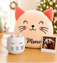 Kişiye Özel 3D Kedi Figürlü Kupa & Kedi Peluş Polar Yastık Hediye Seti