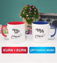 İkili Çiftlere Özel Mr Mrs Sevgiliye Hediye Kupa Bardak Kırmızı Lacivert
