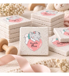 30 Adet Kişiye Özel Baskılı Doğal Taş Magnet 5x5cm Doğum Günü, Hoşgeldin Bebek (Beyaz)
