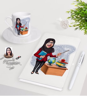 BK Gift Kişiye Özel Bayan Öğretmen Karikatürlü Beyaz Defter Kalem Türk Kahvesi Fincanı Seti-7 (Model 1)