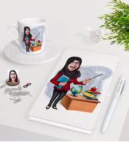 BK Gift Kişiye Özel Bayan Öğretmen Karikatürlü Beyaz Defter Kalem Türk Kahvesi Fincanı Seti-7 (Model 1)