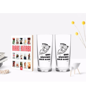 BK Gift Kişiye Özel Renkli Baskılı Rakı Şişesinde Balık Olsam Tasarımlı İkili Rakı Bardağı ve Rakı Cep Kitabı Hediye Seti-1 (Model 1)