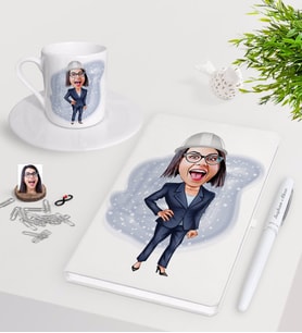 BK Gift Kişiye Özel Bayan Mühendis Karikatürlü Beyaz Defter Kalem Türk Kahvesi Fincanı Seti (Model 1)