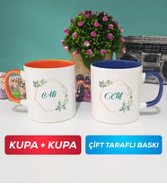 İkili Çiçek Tasarımlı İsme Özel Kupa Bardak Turuncu Lacivert