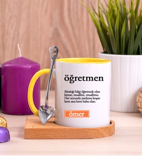 Öğretmen Kelime Anlamı Ahşap Altlıklı Sarı Kupa Bardak