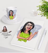 BK Gift Kişiye Özel Bayan Karikatürlü Beyaz Defter Kalem Türk Kahvesi Fincanı Seti-19 (Model 1)