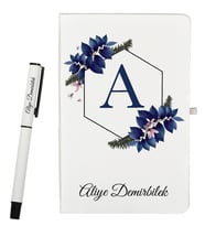 Sevgiliye Hediye Çiçek Tasarımlı Kişiye Özel Defter ve Roller Kalem Seti