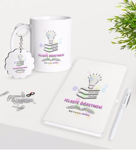 BK Gift Kişiye Özel Felsefe Öğretmeni Kupa Anahtarlık Beyaz Defter Kalem Hediye Seti-2 (Model 1)
