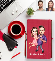 Kişiye Özel Sevgili Karikatürlü Kırmızı Defter Kalem Hediye Seti Model 2