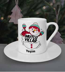 Kişiye Özel Mutlu Yıllar Kardan Adam Temalı Beyaz Kahve Fincanı