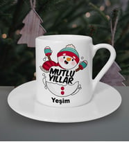 Kişiye Özel Mutlu Yıllar Kardan Adam Temalı Beyaz Kahve Fincanı