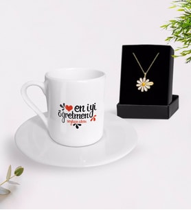 BK Gift Kişiye Özel En İyi Öğretmen Türk Kahvesi Fincanı ve İsimli Papatya Kolye Hediye Seti-6 (Model 1)