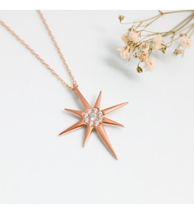 Kutup Yıldızı Taşlı 14K Rose Gold Kaplama Kadın Kolye