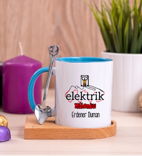 Elektrik Mühendisi Ahşap Altlıklı Mavi Kupa Bardak