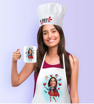 BK Gift Kişiye Özel Süper Anne Karikatürlü Mutfak Önlüğü Aşçı Şapkası ve Kupa Seti (Beyaz)