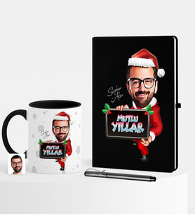 BK Gift Kişiye Özel Yılbaşı Temalı Bay Karikatürlü Siyah Defter Kalem Kupa Seti - 1