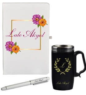 Kişiye Özel Rengarenk Çiçek Desenli Defter Kalem ve Siyah Termos Mug Seti