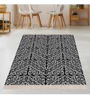 Geometrik Desenli Osmanlı Motif Dijital Baskı Yıkanabilir Kaymaz Taban Kilim Model Salon Halısı (Siyah - Beyaz)