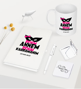 BK Gift Kişiye Özel Annem Benim Kahramanım Beyaz Defter Kalem Kupa Ayna Seti (Model 1)