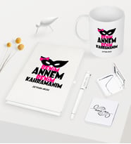 BK Gift Kişiye Özel Annem Benim Kahramanım Beyaz Defter Kalem Kupa Ayna Seti (Model 1)