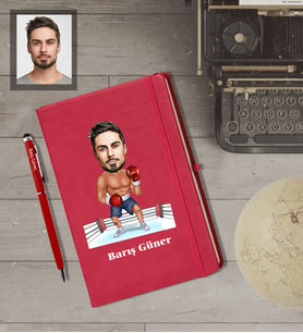 Kişiye Özel Sporcu Karikatürlü  Kırmızı Defter Kalem Hediye Seti Bay-4