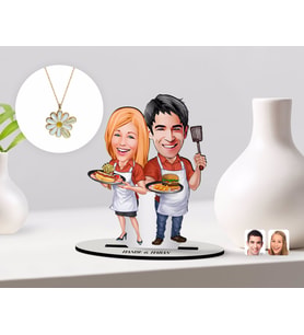 BK Gift Kişiye Özel Sevgililer Karikatürlü 3D Ahşap Biblo ve Çift İsimli Papatya Kolye Seti-57 (Model 1)