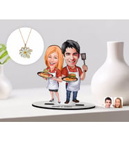 BK Gift Kişiye Özel Sevgililer Karikatürlü 3D Ahşap Biblo ve Çift İsimli Papatya Kolye Seti-57 (Model 1)