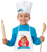 BK Gift Kişiye Özel Küçük Chef Karikatürlü Erkek Çocuk Mutfak Önlüğü Aşçı Şapkası Seti-3 (Beyaz)
