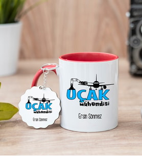 Uçak Mühendisi Kırmızı Kupa Bardak Ve Anahtarlık Set