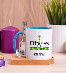 Fitness Eğitmeni Ahşap Altlıklı Mavi Kupa Bardak
