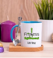 Fitness Eğitmeni Ahşap Altlıklı Mavi Kupa Bardak