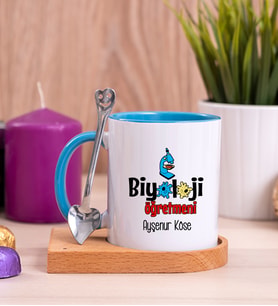 Biyoloji Öğretmeni Ahşap Altlıklı Mavi Kupa Bardak