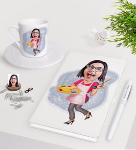 BK Gift Kişiye Özel Bayan Ressam Karikatürlü Beyaz Defter Kalem Türk Kahvesi Fincanı Seti-1 (Model 1)