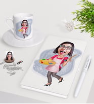 BK Gift Kişiye Özel Bayan Ressam Karikatürlü Beyaz Defter Kalem Türk Kahvesi Fincanı Seti-1 (Model 1)