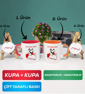 İkili Kırmızı Turuncu Sevgiliye Sevgililer Günü Hediyesi 10 Kupa Bardak Anahtarlık